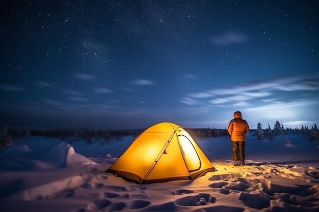 Una persona se para frente a una carpa amarilla en la nieve.