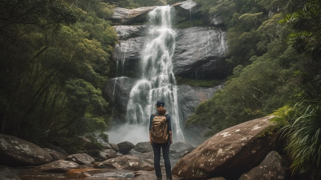 Una persona se para frente a una cascada en el bosque.