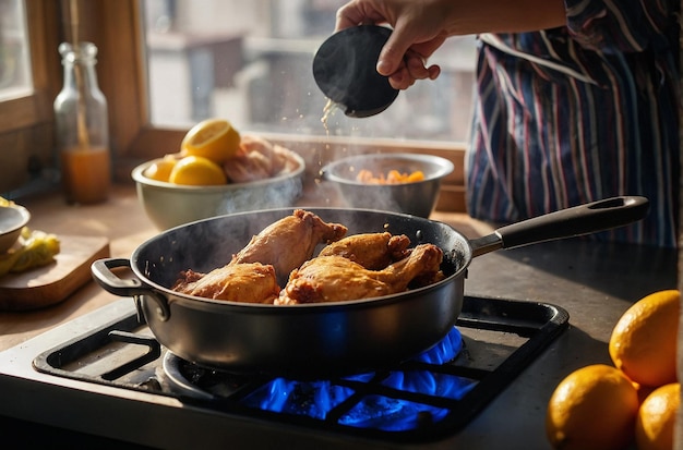 Una persona freyendo pollo en una cocina doméstica