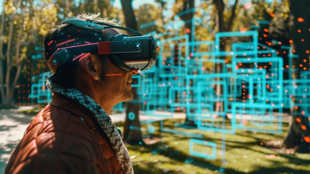 Foto una persona con gafas inteligentes navegando a través de un laberinto exhibido en un paisaje de parques