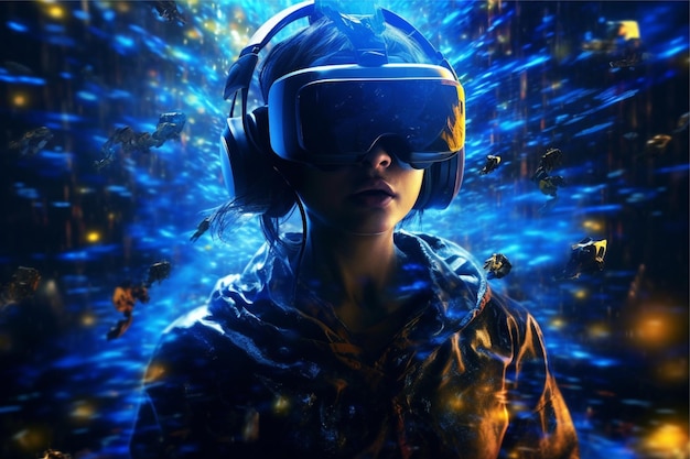 Una persona con gafas de realidad virtual contenido de metaverso con imagen generada por IA