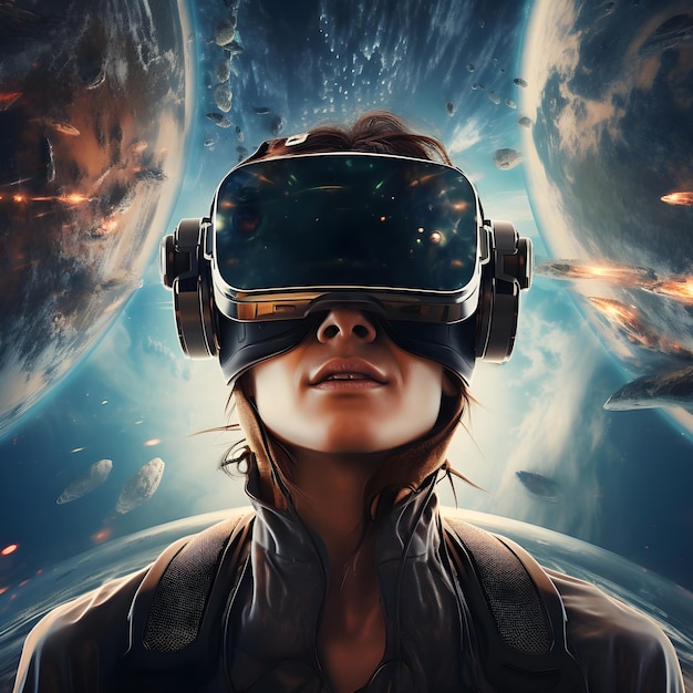 Una persona con gafas de realidad virtual Escape from Reality o Explorers of the Virtual World