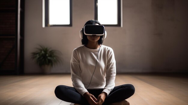 Una persona con gafas de realidad virtual haciendo meditación generativa ai
