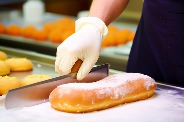 una persona con un guante está poniendo una rosquilla en una sartén.