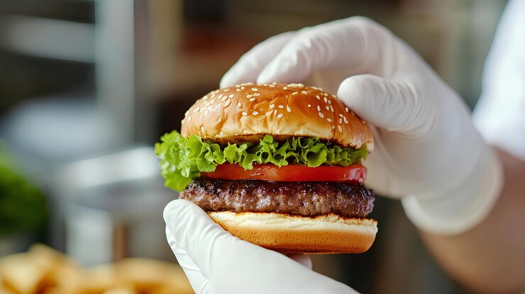 una persona con un guante sosteniendo una hamburguesa con una mano con guante
