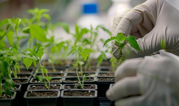 una persona con un guante sostiene una planta en un recipiente