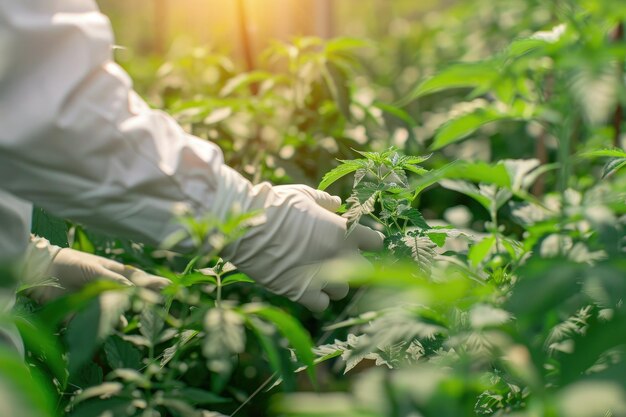 Una persona con guantes blancos y guantes recogiendo plantas