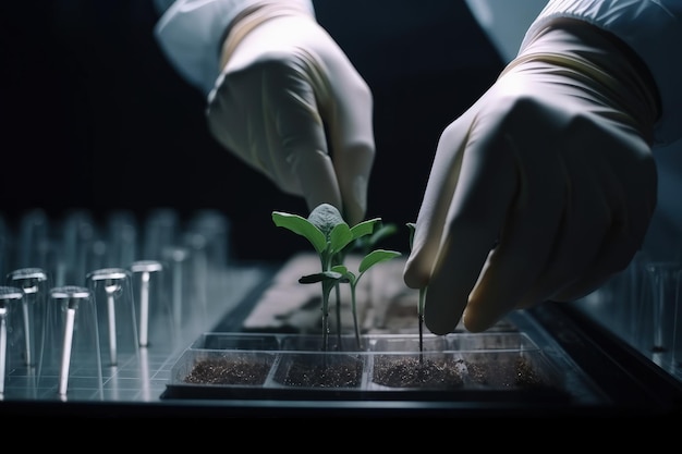 Una persona con guantes blancos poniendo una planta en un contenedor IA generativa