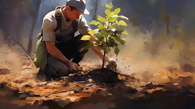 Una persona con guantes está plantando un pequeño árbol en la tierra al estilo de un paisaje exuberante