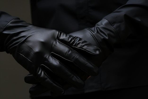 Persona con guantes negros y chaqueta negra con fondo negro IA generativa