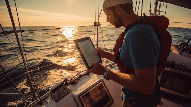 Foto persona guía un velero con la ayuda de un plotter gps aprovechando el poder de la tecnología para trazar su curso generado por ia