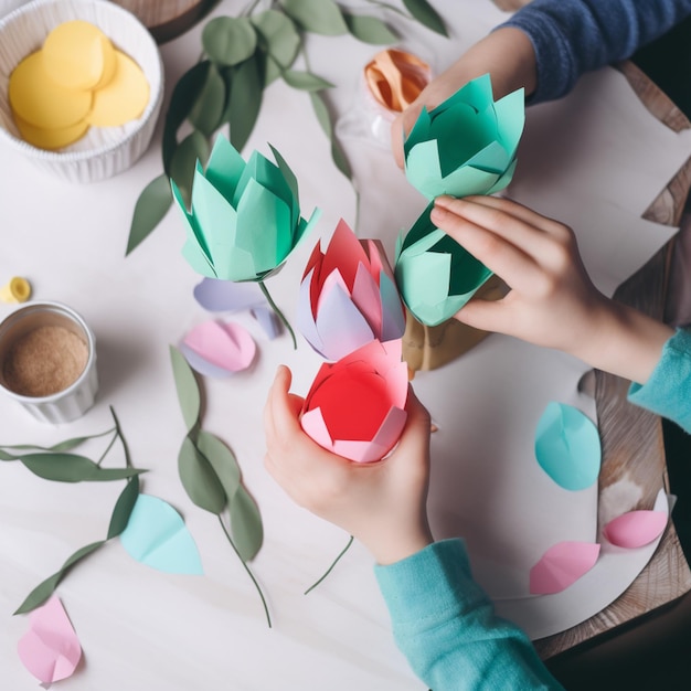 Una persona haciendo un arreglo floral con flores de papel