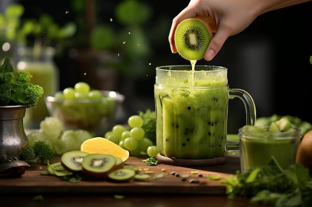 Una persona haciendo batidos de kiwi en una licuadora con ingredientes frescos a su alrededor