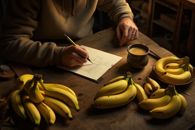 Una persona haciendo caligrafía con plátanos