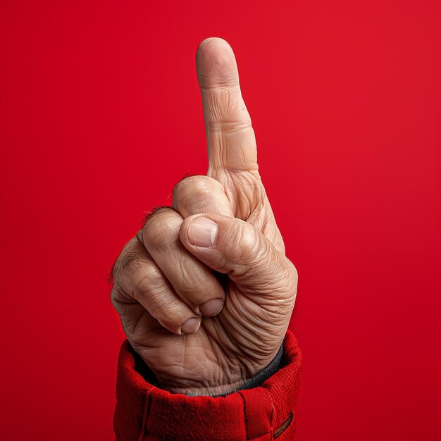 Foto persona haciendo una señal de mano en fondo rojo