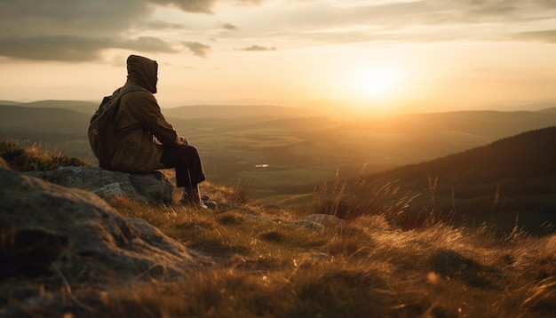 Una persona haciendo senderismo por el pico de la montaña al amanecer generado por IA