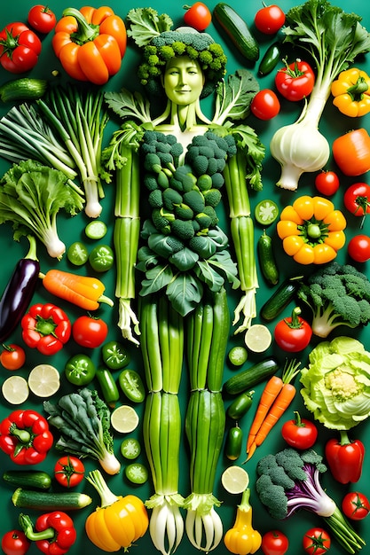 persona hecha de verduras sobre fondo verde concepto vegetariano