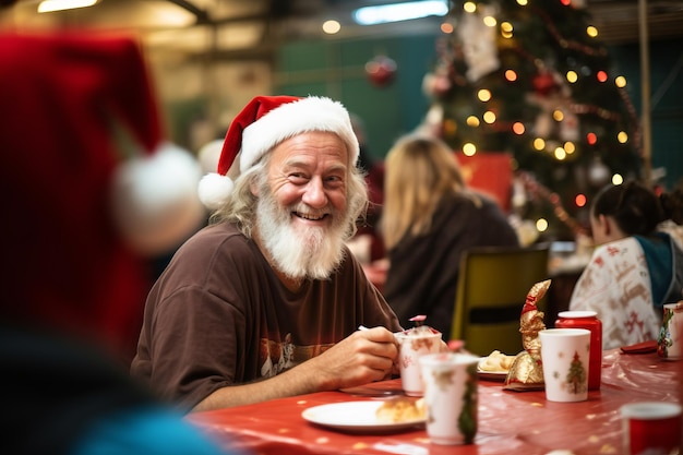 Una persona sin hogar disfrutando de una comida en una cocina de un banco de alimentos de caridad durante las vacaciones de Navidad