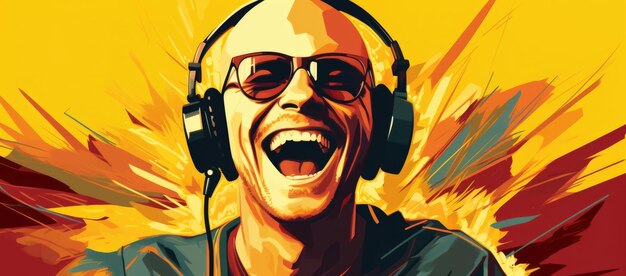 Persona hombre feliz canción de dibujos animados cantante musical diseño de auriculares ilustración sonrisa