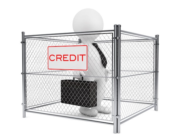 Persona de hombre de negocios 3D dentro de una valla de crédito con cable sobre un fondo blanco. Representación 3D
