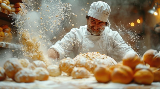 Una persona horneando pan y limpiando el mostrador cubierto de harina después