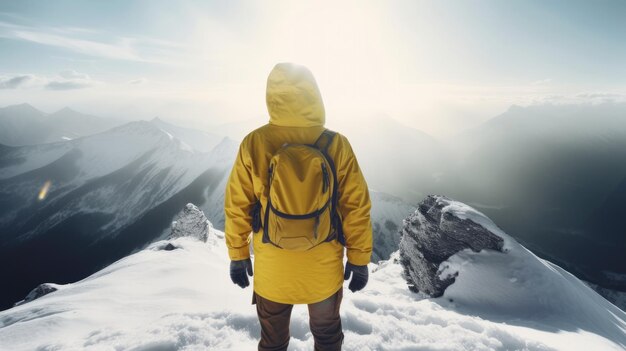 Una persona con un impermeable amarillo se encuentra en la cima de una montaña nevada.