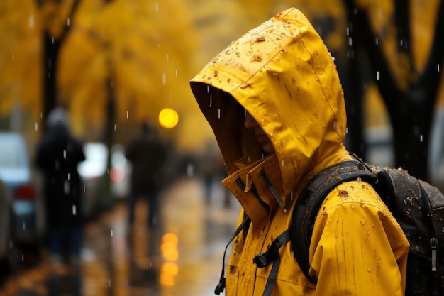 Persona con impermeable amarillo y mochila caminando en la lluvia en una calle de la ciudad con fondo borroso
