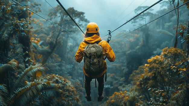 Foto una persona con un impermeable amarillo está montando un teleférico