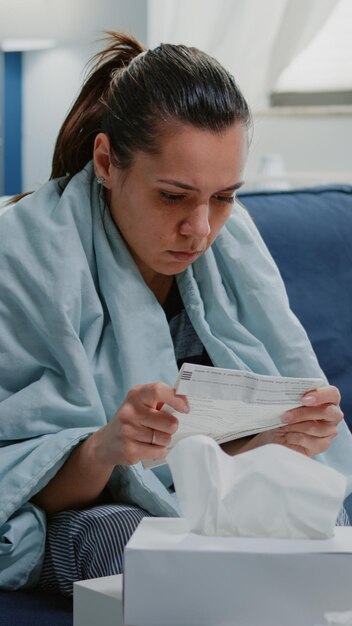 Foto persona con infección por enfermedad analizando el prospecto de los frascos de pastillas para curar la enfermedad. mujer que se siente fría leyendo papel médico con instrucciones de medicación, con medicamentos en la mesa