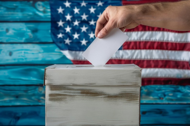 Una persona ingresando un voto en una caja de votación bandera estadounidense en el fondo de las elecciones presidenciales de Estados Unidos