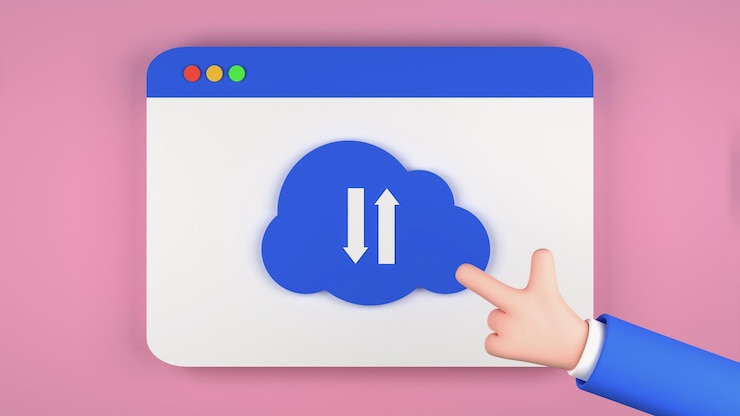 Foto una persona inicia sesión en la página web de almacenamiento en la nube con el icono de la nube y la ilustración de representación 3d de la mano humana de dibujos animados