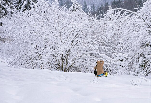 persona irreconocible desconocida toma una foto del bosque de invierno