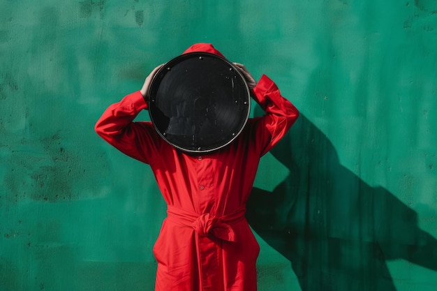 Foto persona irreconocible con traje rojo escondiendo la cara detrás de un gran reloj redondo con esfera negra un humano en traje rojo con gran reloj de pie contra un fondo verde concepto de tiempo espacio de copia
