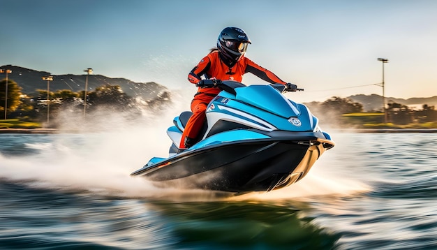 una persona en un jet ski está montando una ola