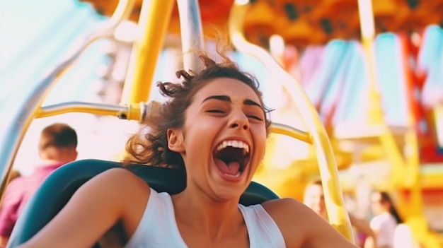 Foto persona joven emocionada en paseo en el parque de atracciones ia generativa