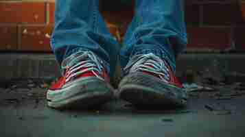 Foto una persona joven con pantalones vaqueros azules y zapatillas rojas está sentada en un piso de madera con una pared de ladrillo en el fondo