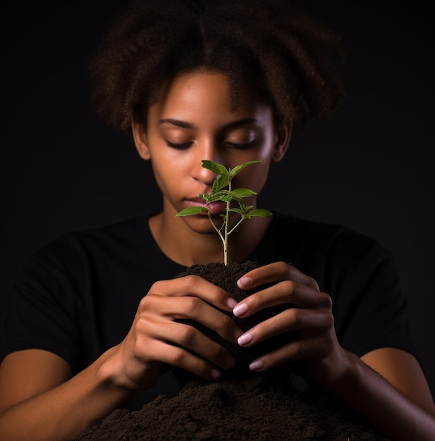 Una persona joven sosteniendo una planta verde y tocando el fondo negro de la naturaleza foto de stock