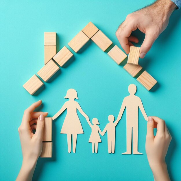 Foto una persona está jugando con bloques de madera y la palabra familia en el fondo azul