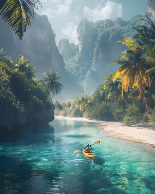 Una persona en un kayak amarillo remando por un río bordeado de palmeras