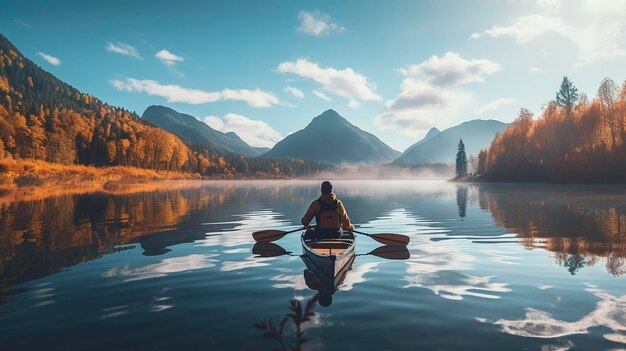 Persona en kayak en un lago tranquilo con árboles de otoño y montañas durante el amanecer