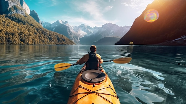 Foto una persona en kayak en un sereno cuerpo de agua rodeado de naturaleza generativo ai