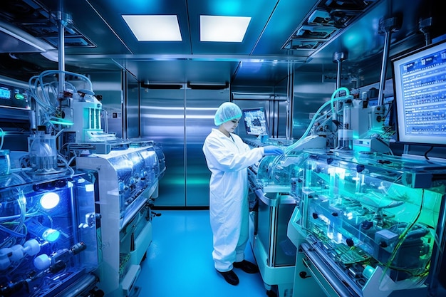 Una persona en un laboratorio con mascarilla y guantes.