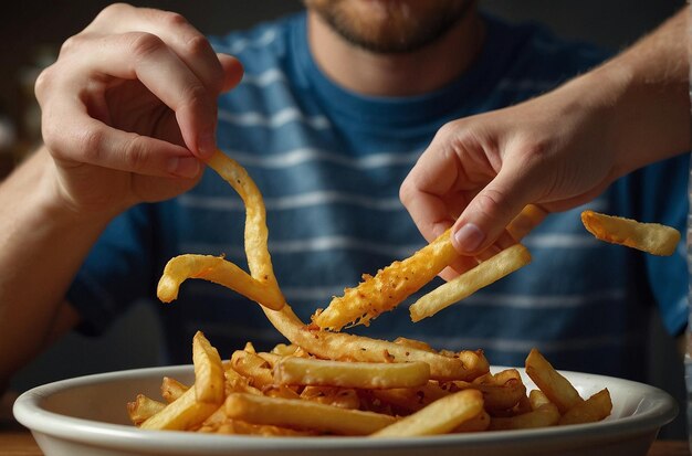 Una persona lanzando papas fritas en un tazón con condimentos