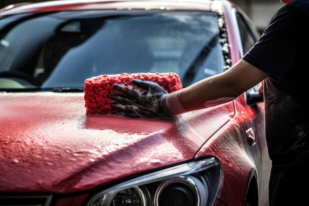 Persona lavando techo de coche con esponja IA generativa