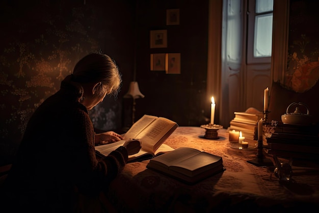 Persona leyendo un libro en la habitación a la luz de las velas