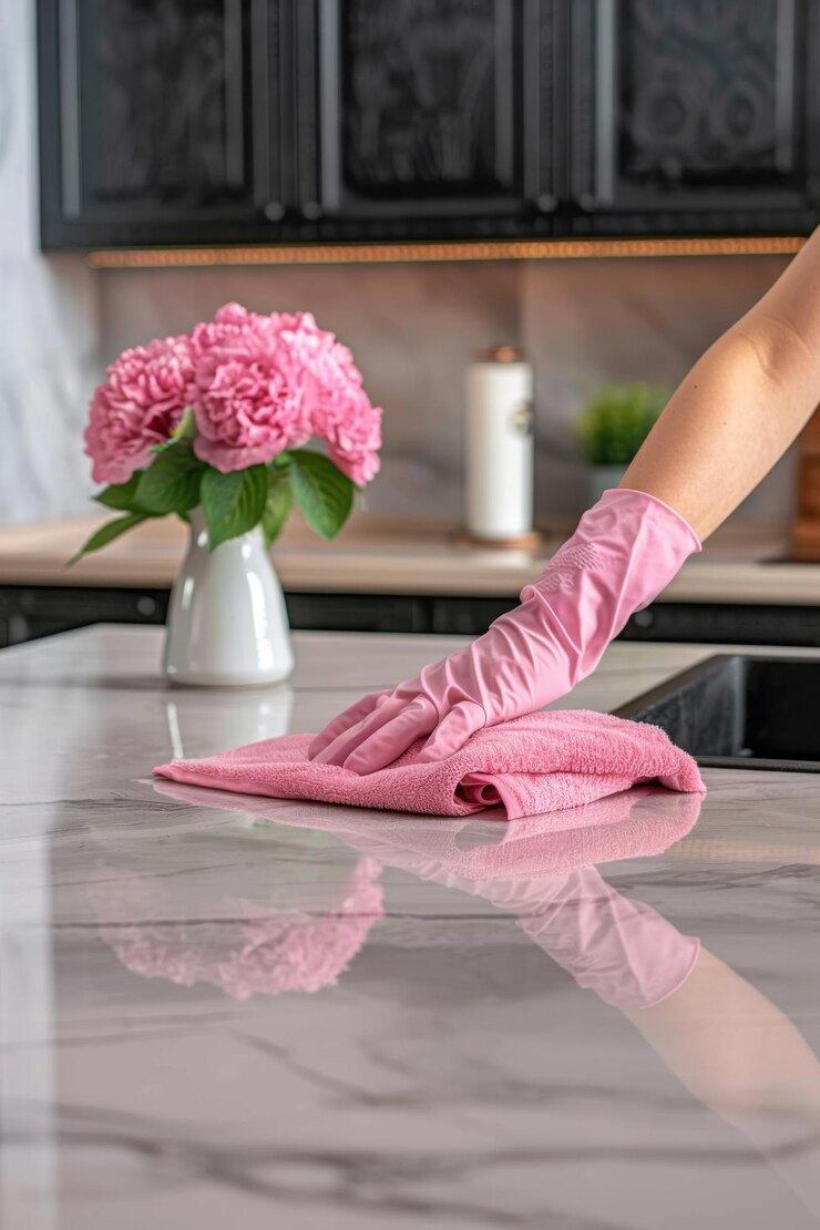 Persona limpiando una mesa de mármol con un paño rosa mientras usa guantes de goma rosados a juego en un entorno interior