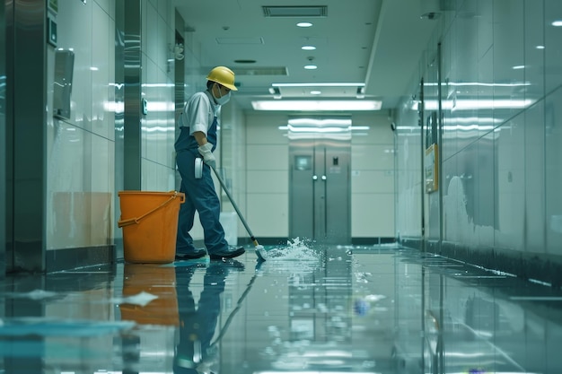 Foto una persona está limpiando un piso con un cubo y una escoba