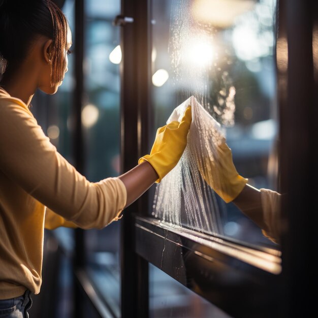 Foto persona limpiando una ventana con un limpiador