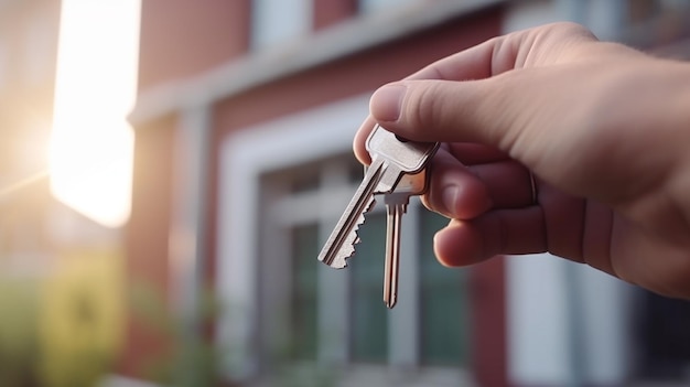 Una persona con llaves frente a una casa.