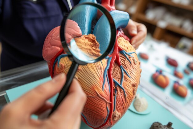 Foto persona con lupa examinando las texturas en el modelo de corazón